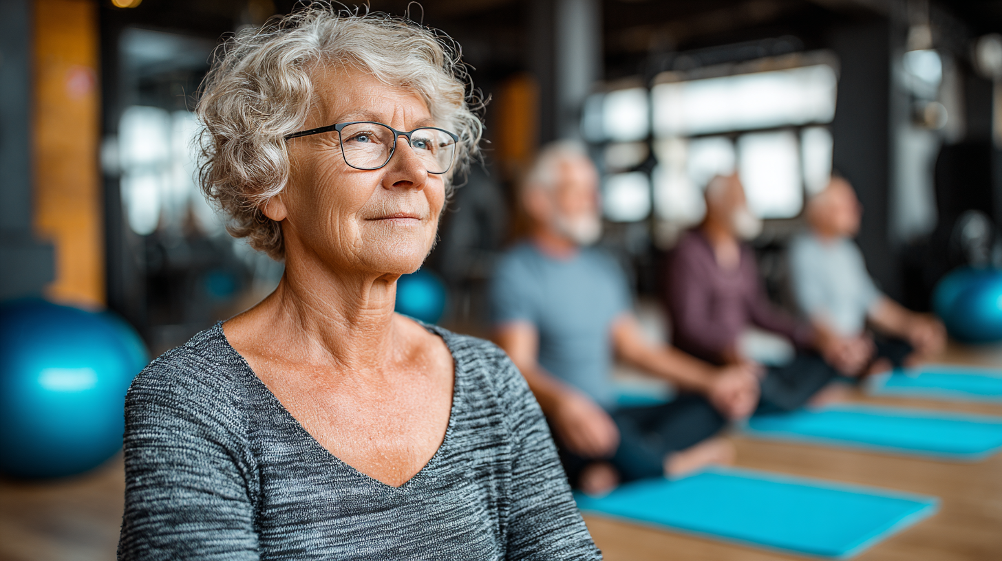 Instructor certificado ayudando a una mujer mayor con ejercicios de equilibrio usando bandas elásticas